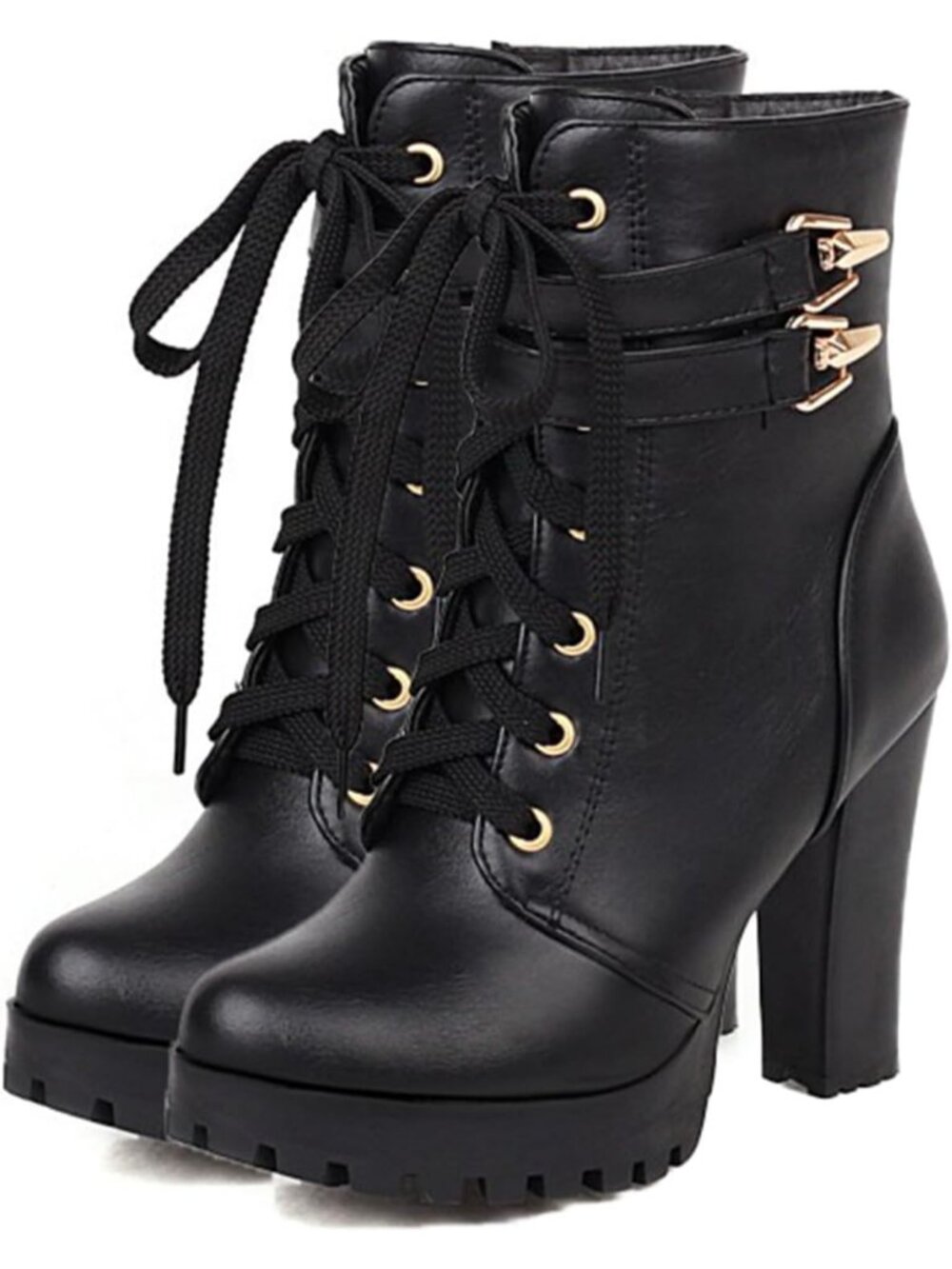 Women's Black Buckle Rivet Goth Block Heel Round Toe Zipper Ankle Boots